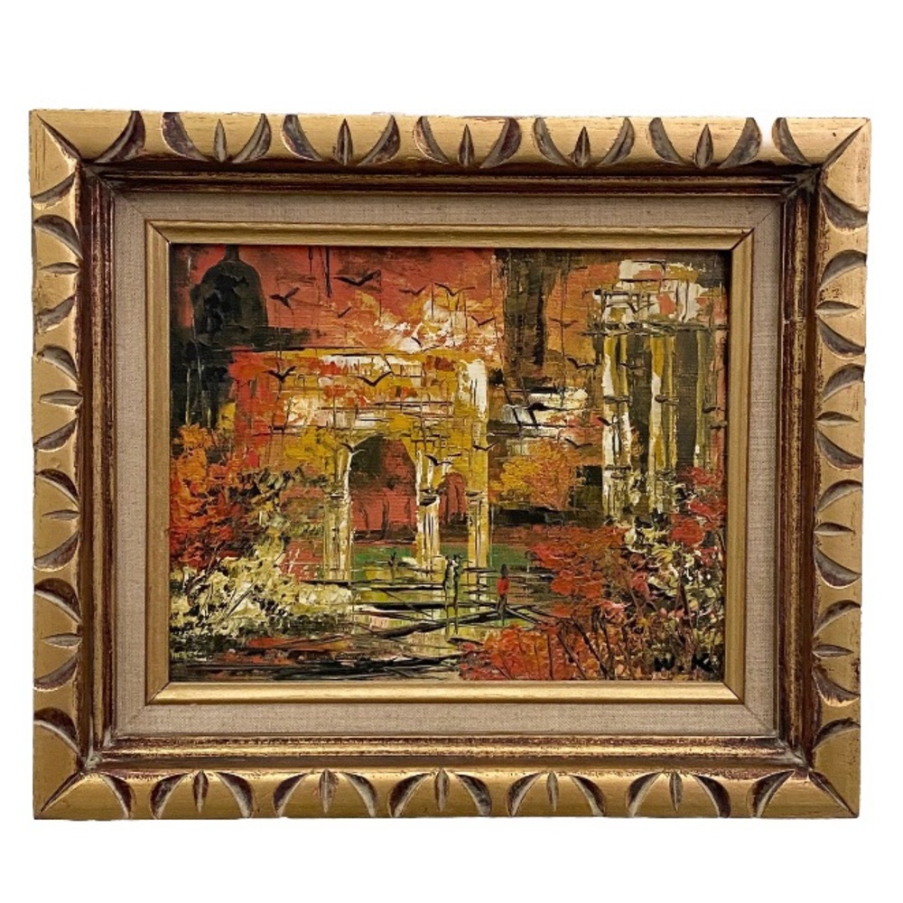Vintage Signed W.K. Impressionist Abstract Landscape Ruins Acrylic Oil Painting
